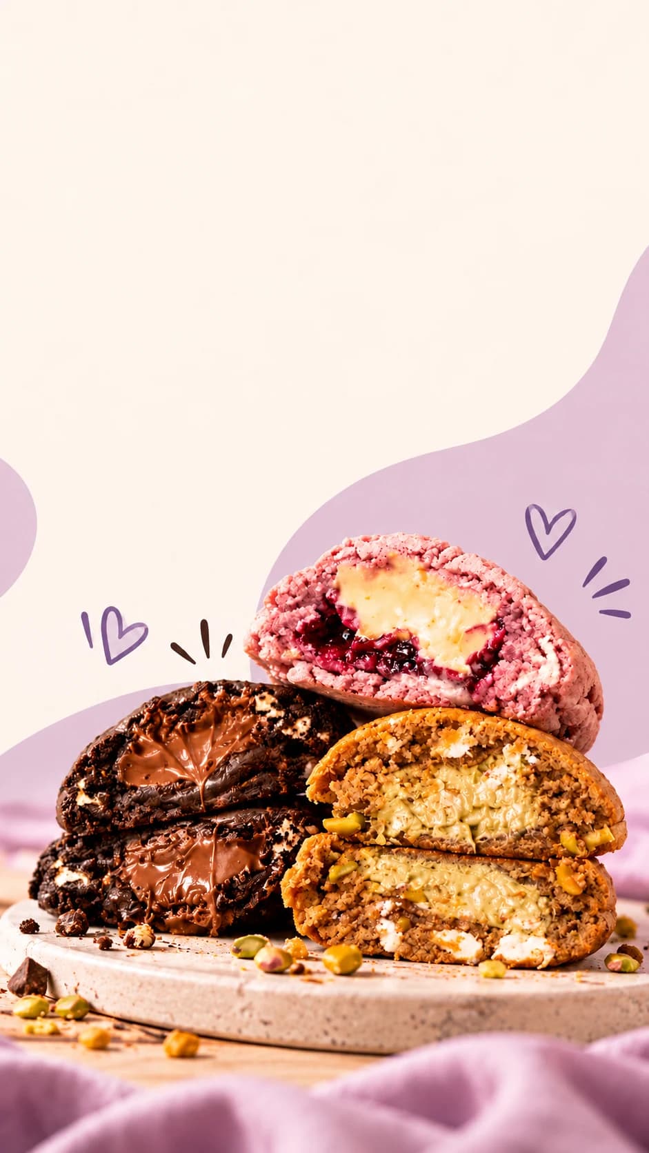 Cookies da Ncookies cortados ao meio e empilhados: Pink Lemonade, chocolate com recheio cremoso e pistache